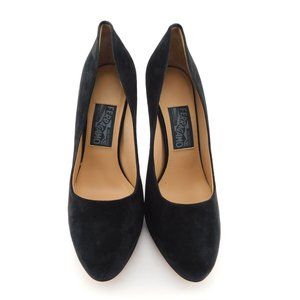 New FERRAGAMO Black Suede Leather Crystal Accent Trim Heel Pumps 8.5
